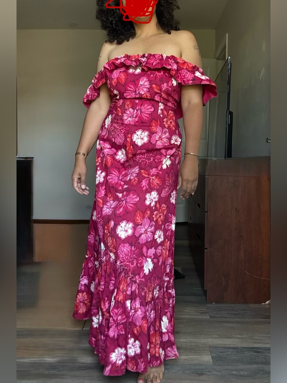 Vintage Kamehameha Hawaii Cotton Floral Off-Shoulder Maxi Dress